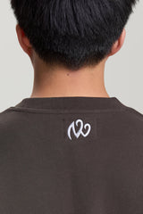 Back view of gray NV Loose Sweatshirt showing white logo below neckline
